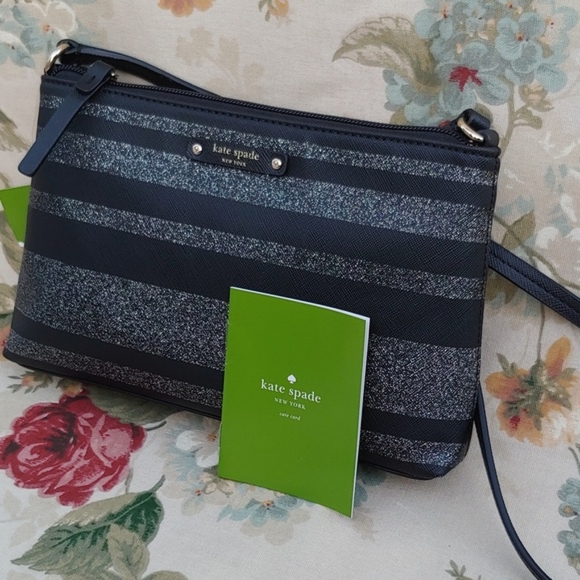 Kate Spade Haven Lane Ramey Leather Black Glitter Stripe Crossbody Bag NWT - Picture 4 of 15